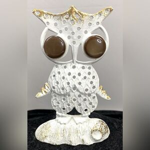 Retro 60s 70s Metal White Owl Earring Jewelry Holder Brown Moon Glow Lucite Eyes